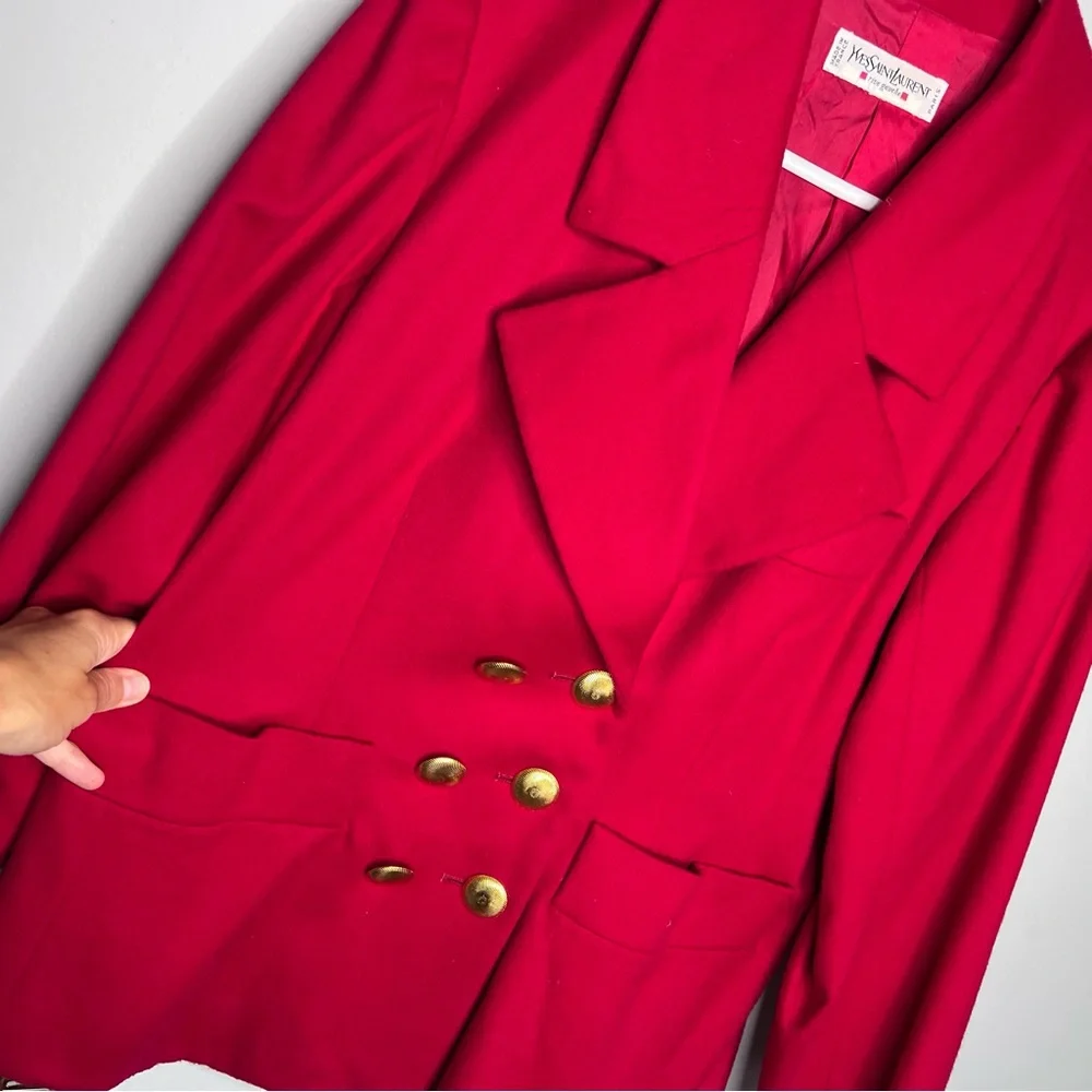 RARE Yves Saint Laurent Vintage Red Gold Button Blazer C8 - Picture 5 of 8